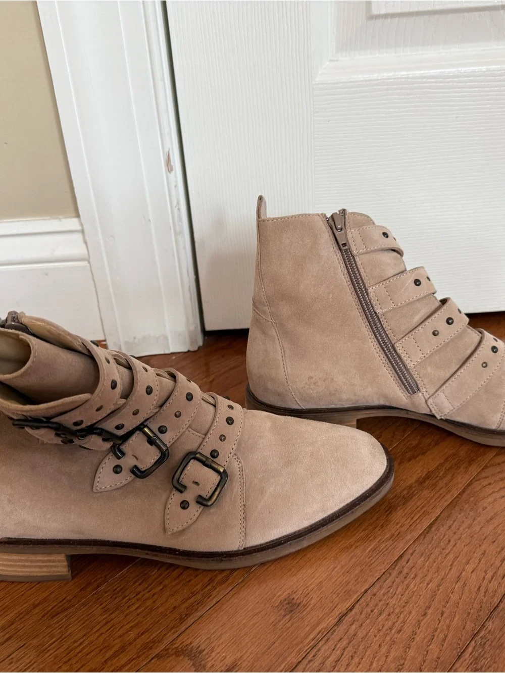 Women’s Paul Green Suede Ankle Boots in Light Taupe - Strapped Buckle Design